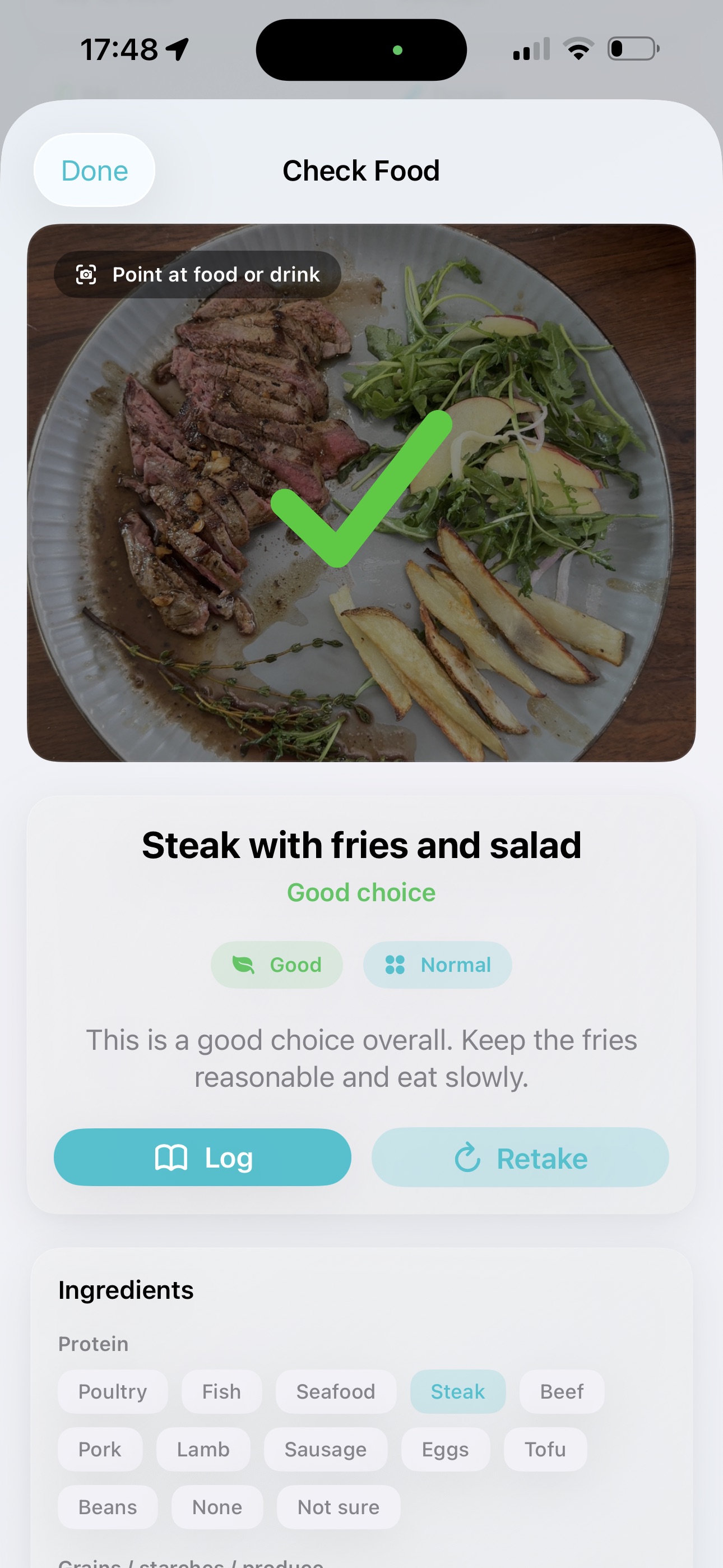 GLP-1 Journal food logging screen